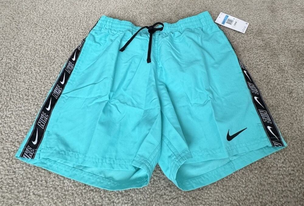 Nike Men M Aqua Blue Swim Trunks 4” Inseam Logo Tape Shorts NWT NEW